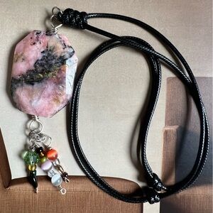 Handmade Necklace with Pink and Black Stone Rhodonite Pendant adjustable cord